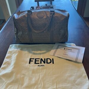 Fendi Brown FF Logo Canvas Duffel Bag with Dark Trim